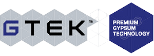 GTEK Premium Gypsum Technology logo with geometric hexagon motif showing the brand name to the left and a blue hexagon on the right
