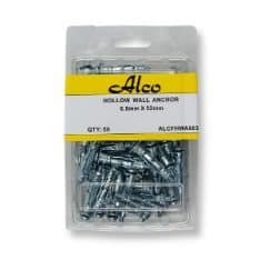 Alco FHWA6832 Anchor Hollow Wall Zinc Plated Diameter 6.8mm x Length 32mm Suit 12mm Board Hold 10kg pack of 40