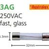 Australux 3AG-20A Fuse Cartridge Minature Fuse Link GLASS FAST ACTING 3AG 20 Amp 6.3X32mm 250 VAC