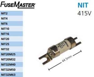 Fusemaster NIT16 Fuse Cartridge Fuse Link HRC Off-set Tags 2-hole Fixing , NIT 16 Amp 14.1mm x 44.5mm Fixing Centres , 415VAC