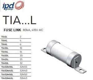 IPD TIA16L Fuse Cartridge Fuse Link HRC Bolt-In Offset Tag, TIA 16 Amp 23mm x 73mm Fixing Centres, 415VAC