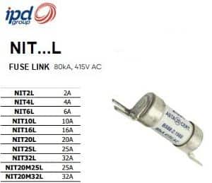 IPD NIT10L Fuse Cartridge Fuse Link HRC Off-set Tags 2-hole Fixing, NIT 10 Amp 14.1mm x 44.5mm Fixing Centres, 415 VAC