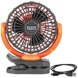 Klein Tools 29112 Rechargeable Personal Jobsite Fan, 3 Blade, 10W, 5V USB-C, 360° Rotation, Multiple Mounting Options, Lightweight, Orange/Dark Grey