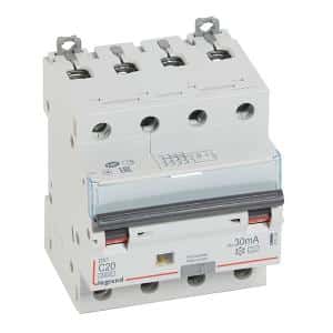 Legrand 411235 DX³ RCBO, 4P, 20A, 6kA Breaking Capacity, C Curve, DIN Rail Mount, 30mA Sensitivity, AS/NZ 61009-1, IP20, Polyamide, 400VAC, White