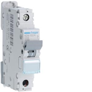 Hager NDN132A Miniature Circuit Breaker, MCB, 1 Pole, 32A, 240V, D Curve, 10KA, Din Rail Mount, 1 Module