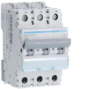 Hager NDN320A Miniature Circuit Breaker, MCB, 3 Pole, 20A, 415V, D Curve, 10KA, Din Rail Mount, 3 Module