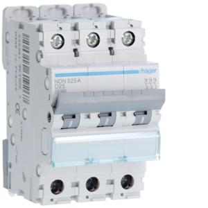 Hager NDN325A Miniature Circuit Breaker, MCB, 3 Pole, 25A, 415V, D Curve, 10KA, Din Rail Mount, 3 Module