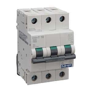 NHP DTCB10332D DIN-T MCB, Miniature Circuit Breaker, 3 Pole, 32A, 10kA Breaking Capacity, D Curve, DIN Rail Mount, 415V, IP40, 76mm x 54mm x 86mm, White