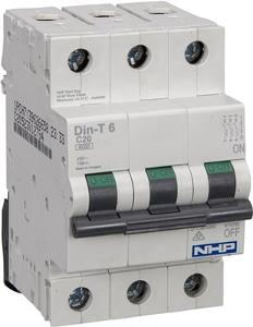 NHP DTCB6325C Din-T Series Miniature Circuit Breaker, MCB, 3 Pole, 25A, 415V, C Curve, 6KA, Din Rail Mount, 3 Module