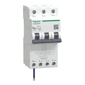 Schneider Electric A9DC6950, Residual Current Breaker With Overcurrent Protection (RCBO), Acti9 iC60 RCBO, 3P+Ns, C Curve, 50A, 30mA, A type, 6000A