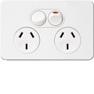 Hager WBSP2S Silhouette Series GPO, Double, Powerpoint, Switchplug Combination, Single Pole, Flush, Horizontal, 250V 10A, 3 Pin, Gloss White