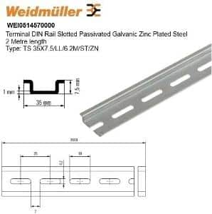 Weidmuller 0514570000 Terminal DIN Rail Slotted Passivated Galvanic Zinc Plated Steel 2 Metre length Type: TS 35X7.5/LL/6 2M/ST/ZN