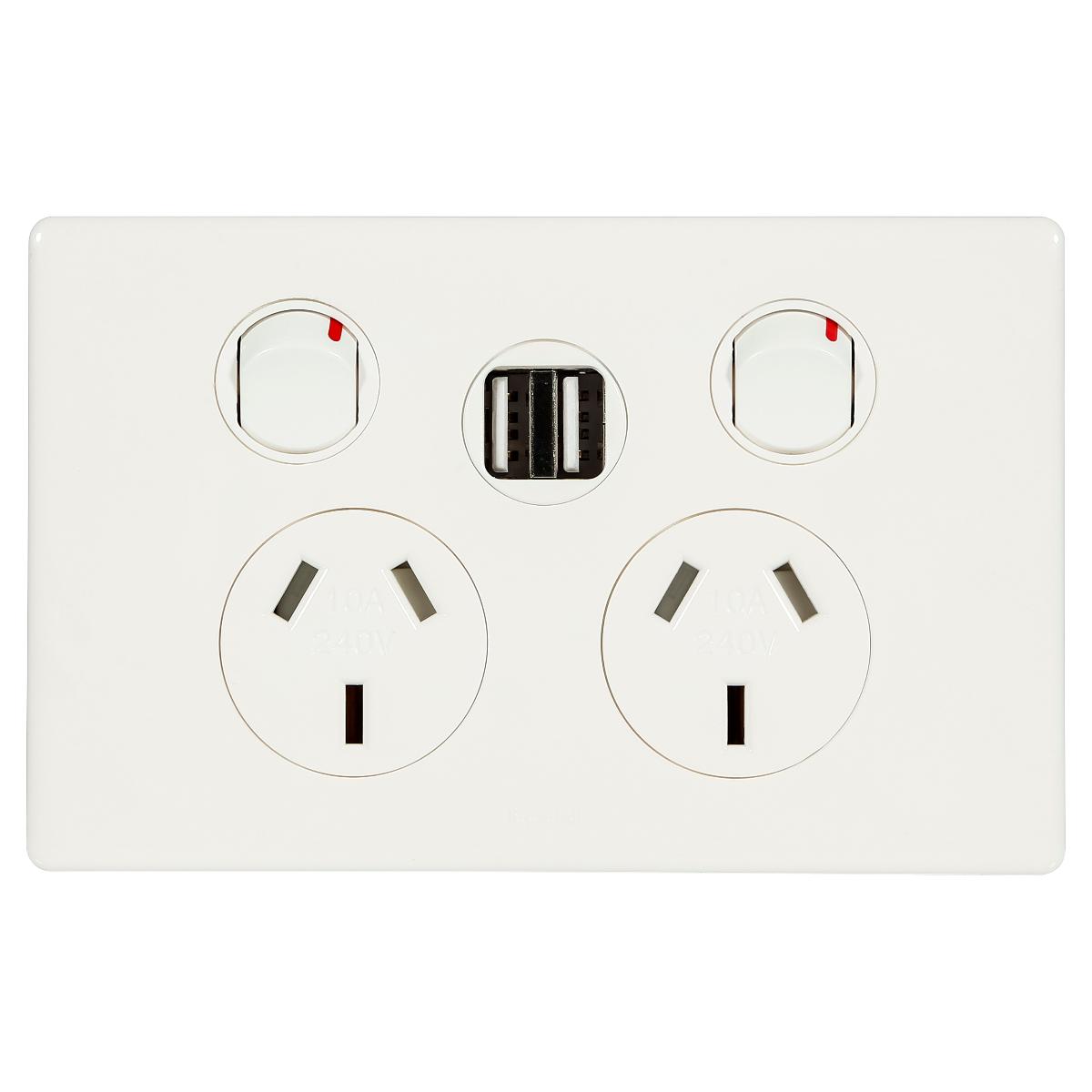 Legrand ED777USB2IWE Excel Life Dedicated Plate Series GPO, Double, Powerpoint, Switchplug Combination, With Integrated Dual USB Charging Outlets 2.4A Max, Single Pole, Flush, Horizontal, 240V 10A,...